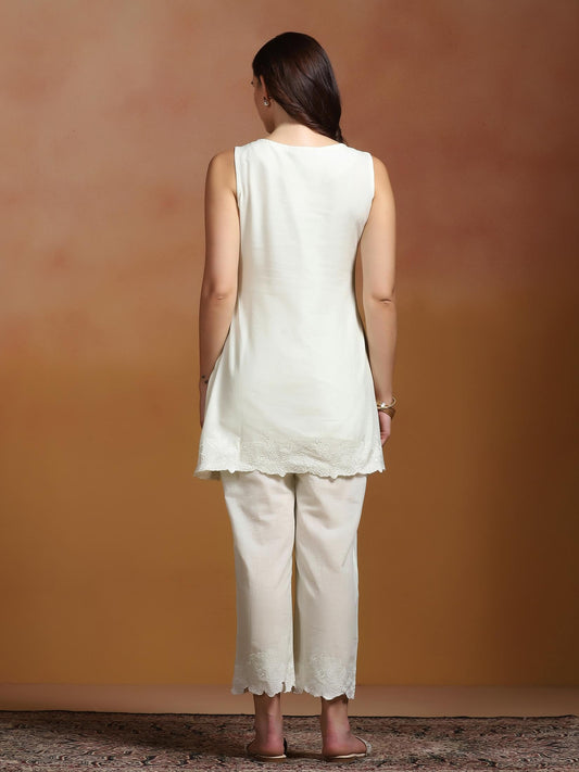 Women Cotton Off White Embroidered Co-Ord Set