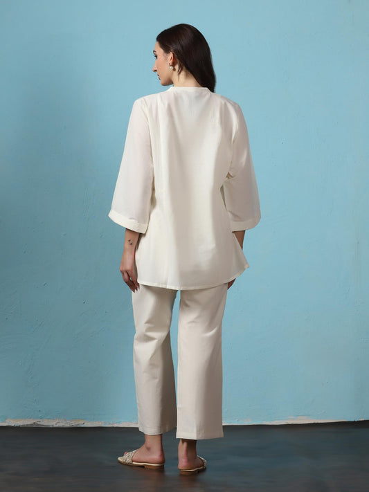 Women Off White Cotton Embroidered Co-Ord Set