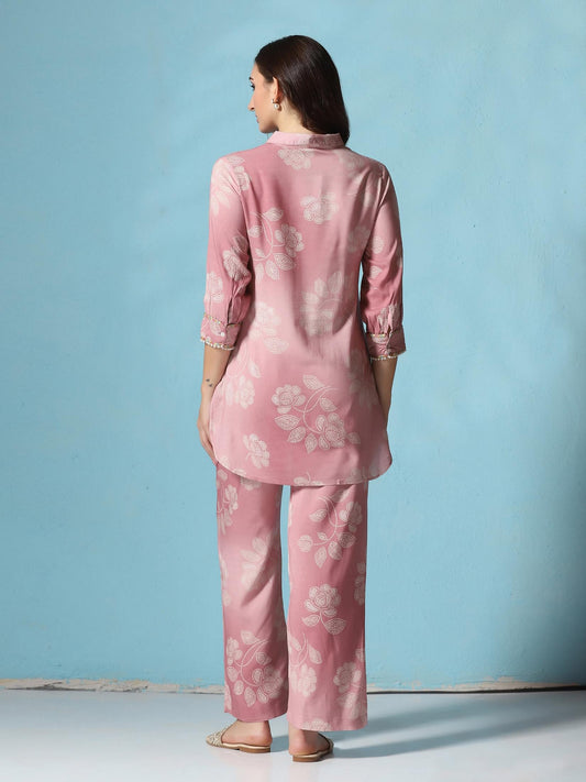 Women Liva Pink Floral Print Co-Ord Set