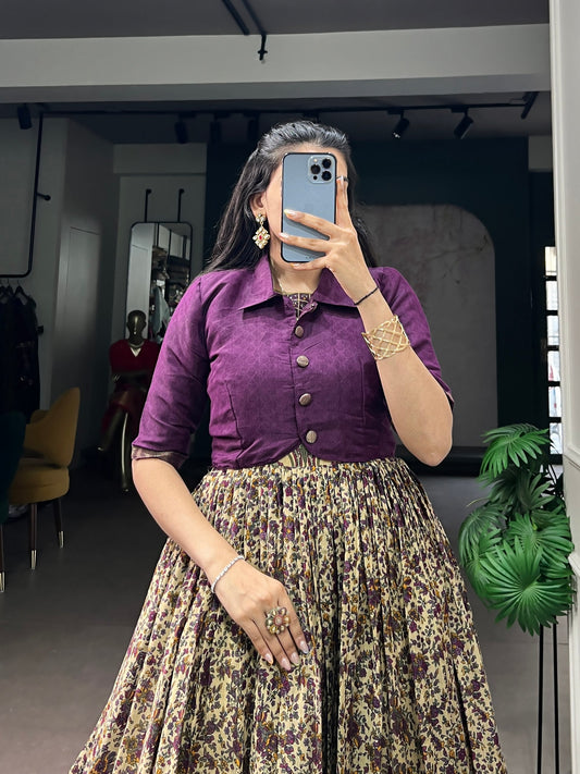 Wine Pure Polyester Viscose Chanderi Cotton Printed Anarkali Long Gown