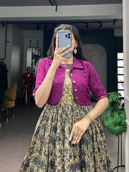 Purple Pure Polyester Viscose Chanderi Cotton Printed Anarkali Long Gown