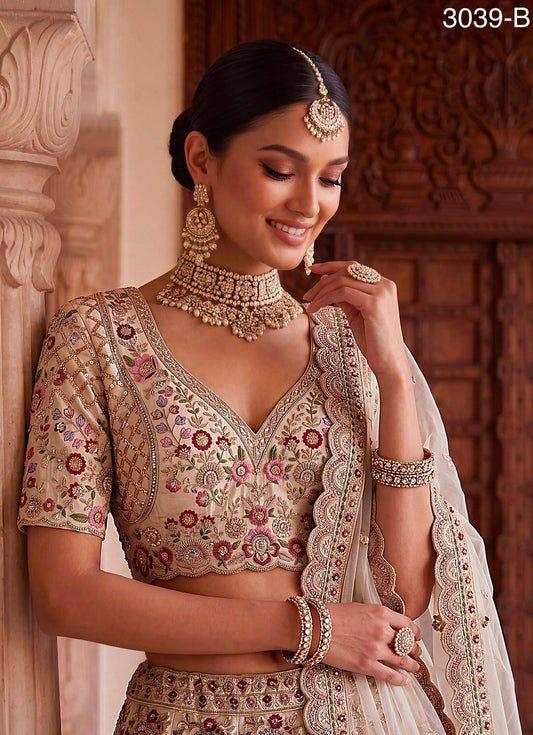 Off White Pure Soft Gadhwal Silk Heavy Embroidery Work Bridal Lehenga Choli