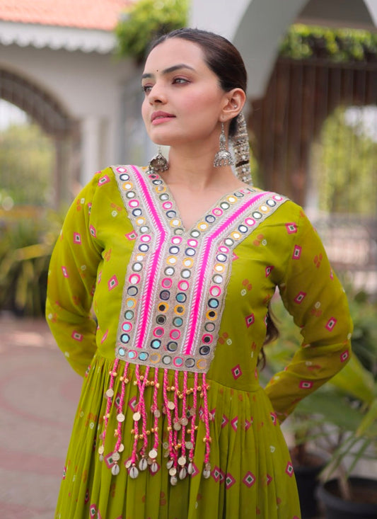 Mustard Pure Faux Georgette Lahariya Print with Kutchi Patchwork Navratri Lehenga Choli