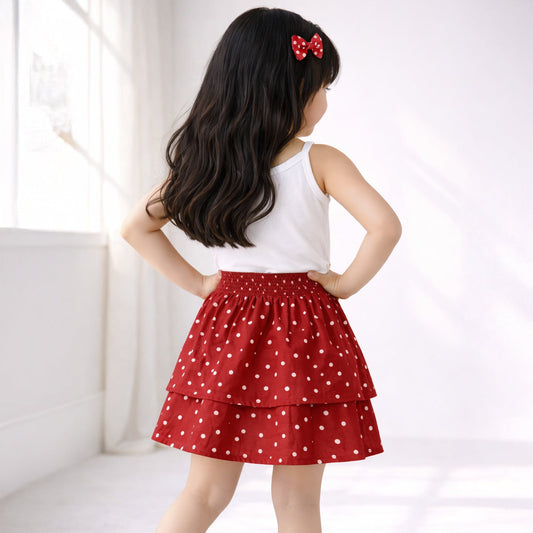 Kids Girls Maroon Polka Dot Flared Skirt with Elastic Waist