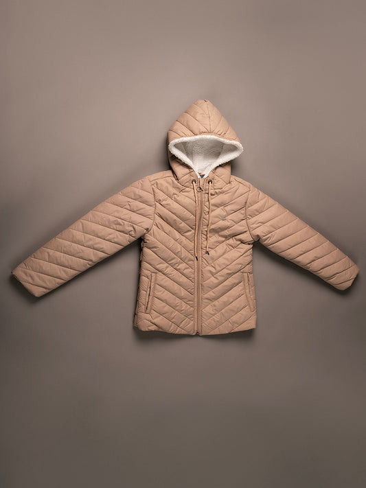 Girls Beige Hooded Quilted Poly Jacket with Soft Inner Lining