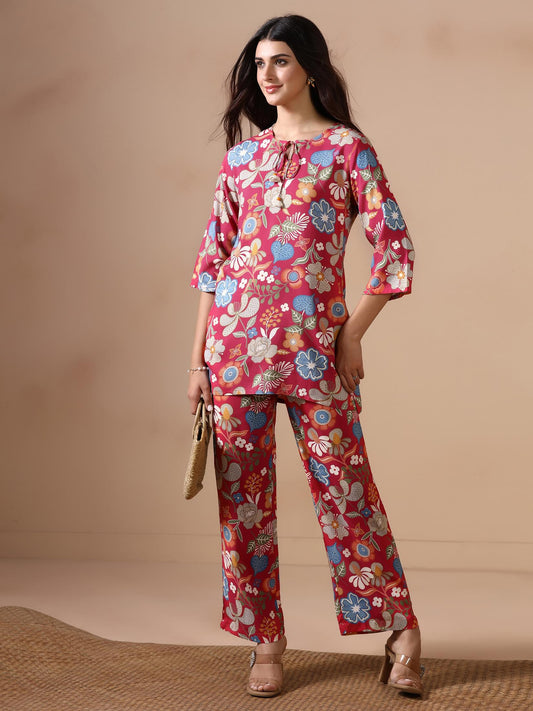 Women Liva Pink Floral Print Co Ord Set