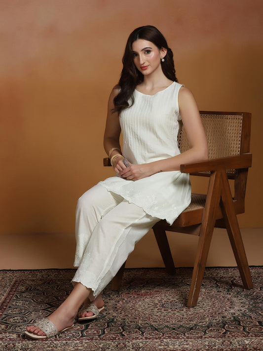 Women Cotton Off White Embroidered Co-Ord Set