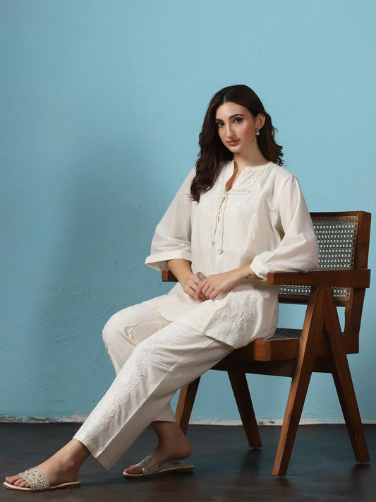 Women Off White Cotton Embroidered Co-Ord Set