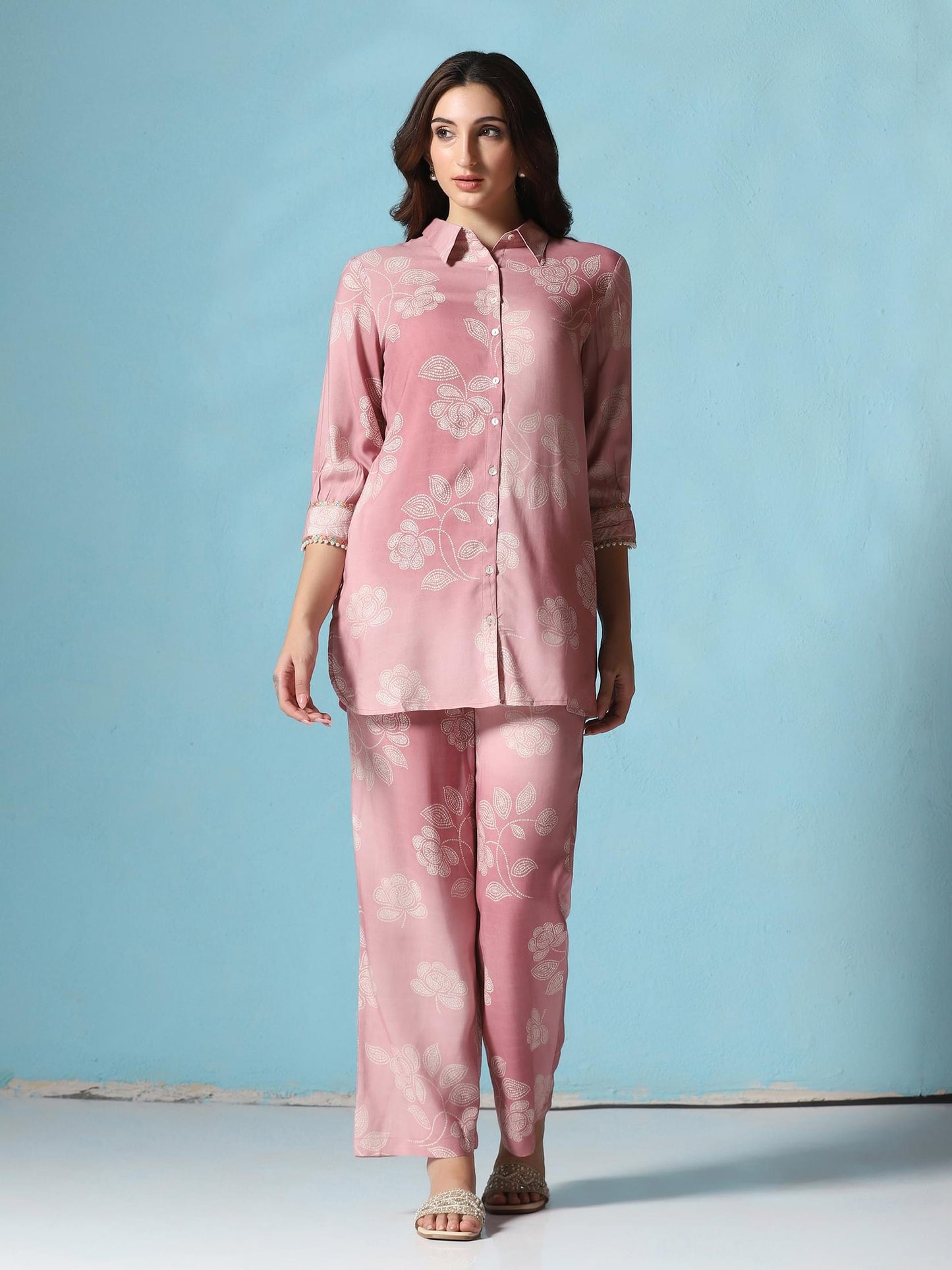 Women Liva Pink Floral Print Co-Ord Set