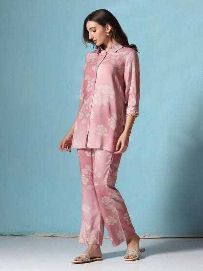 Women Liva Pink Floral Print Co-Ord Set