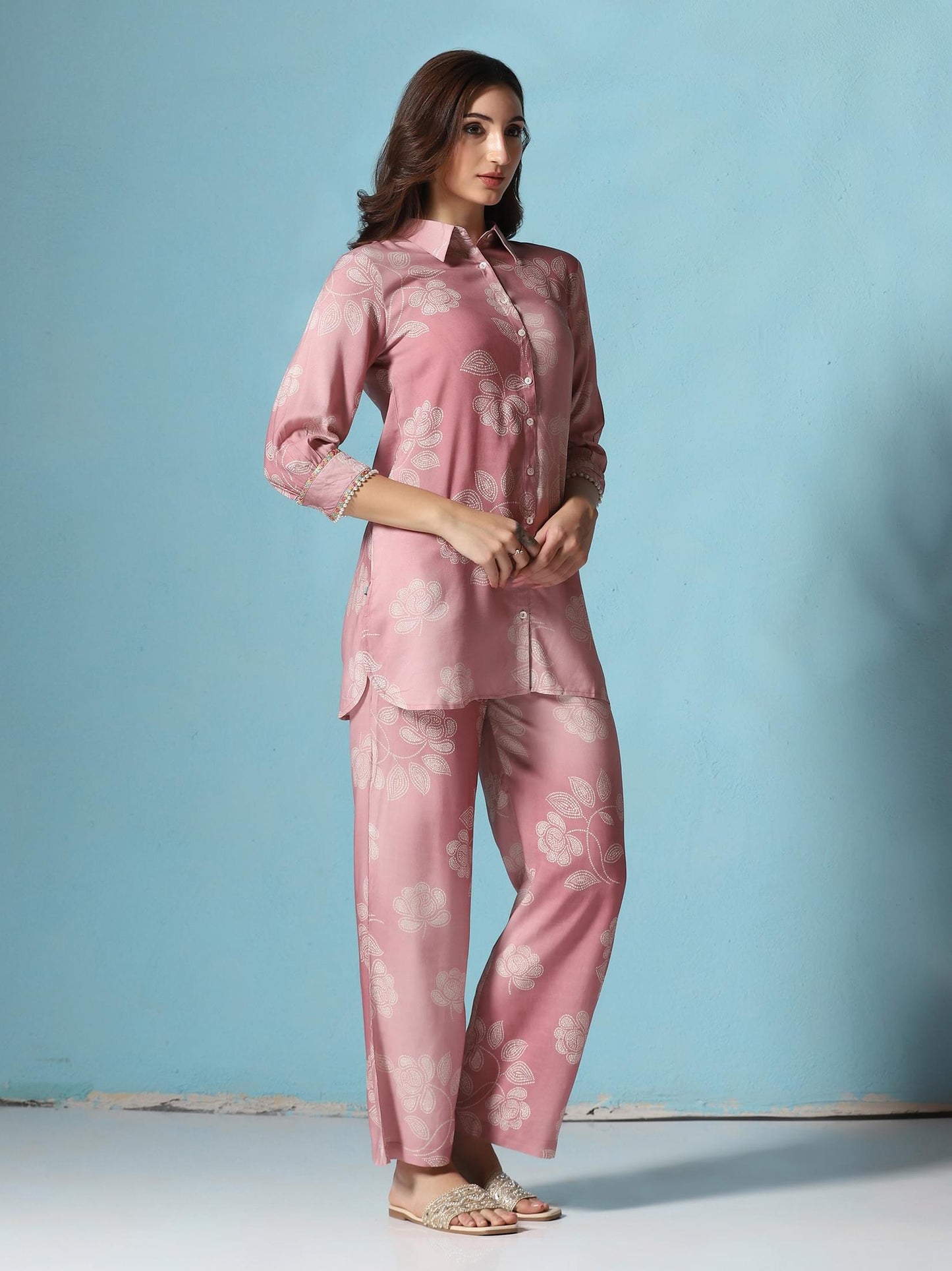 Women Liva Pink Floral Print Co-Ord Set