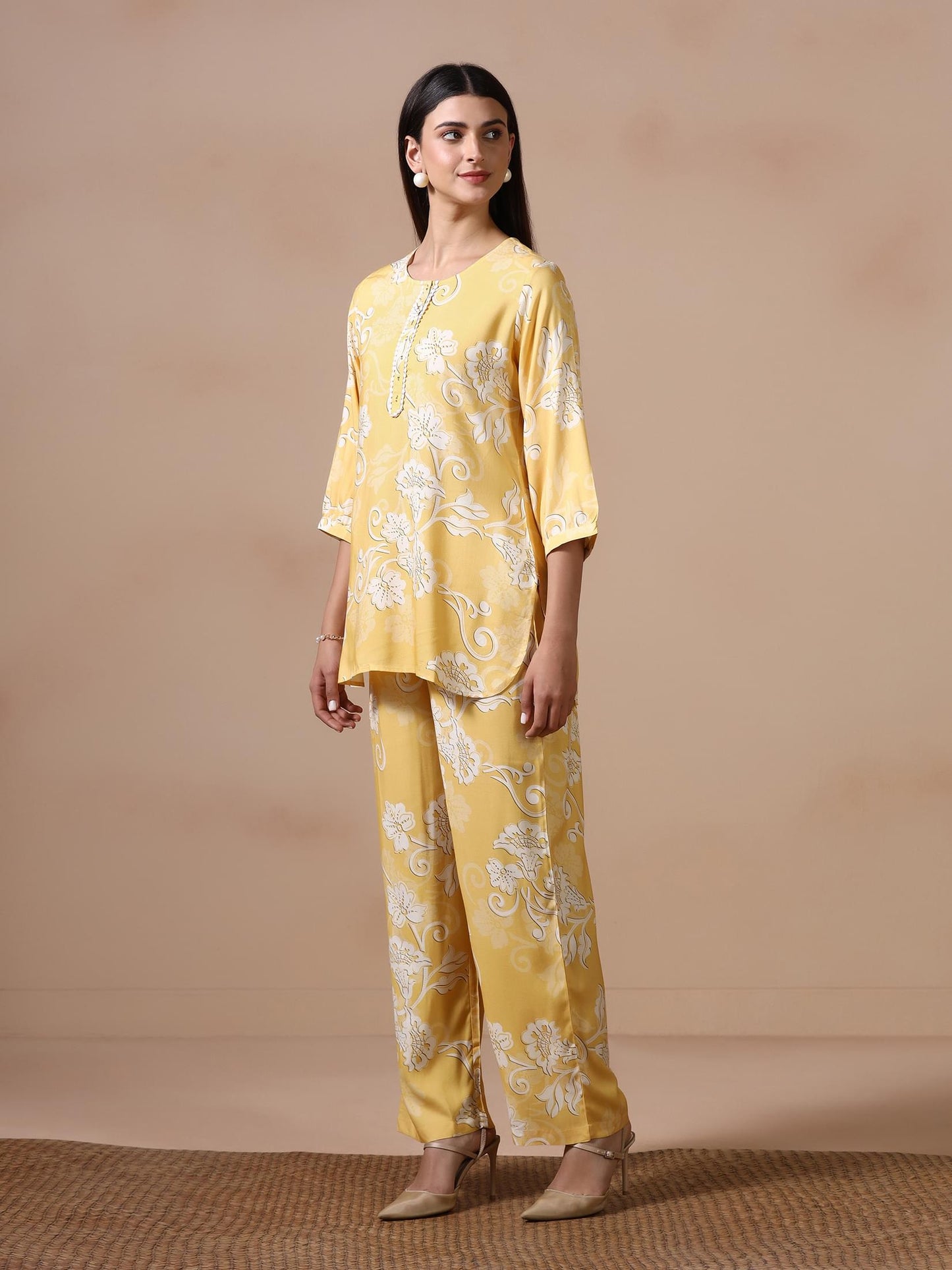 Women Liva Yellow Floral Print Co Ord Set