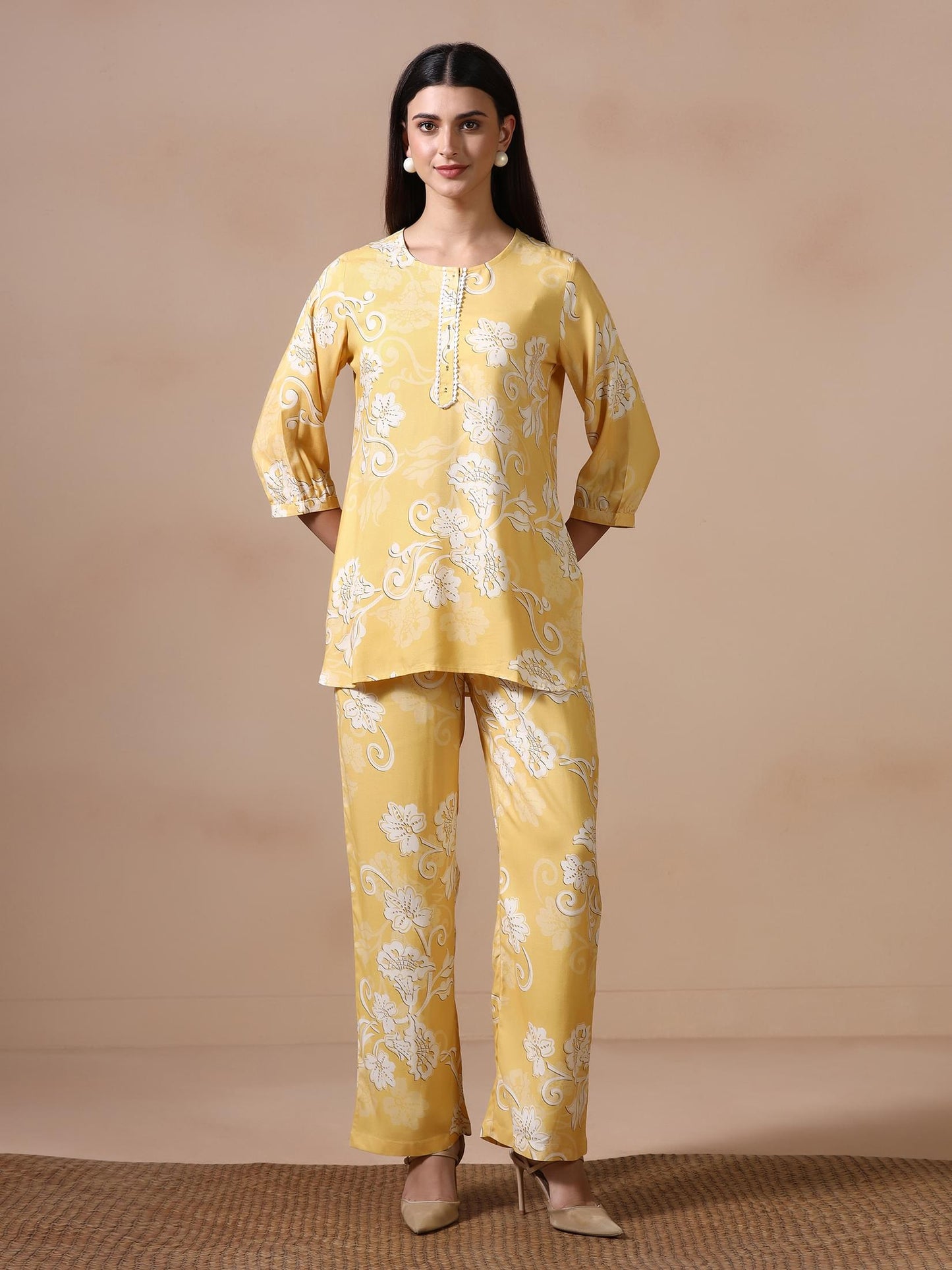Women Liva Yellow Floral Print Co Ord Set