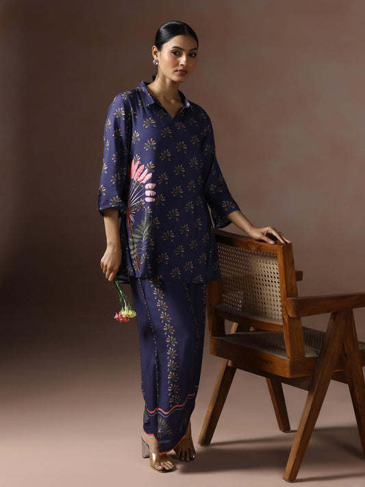 Women Liva Blue Floral Print Co Ord Set