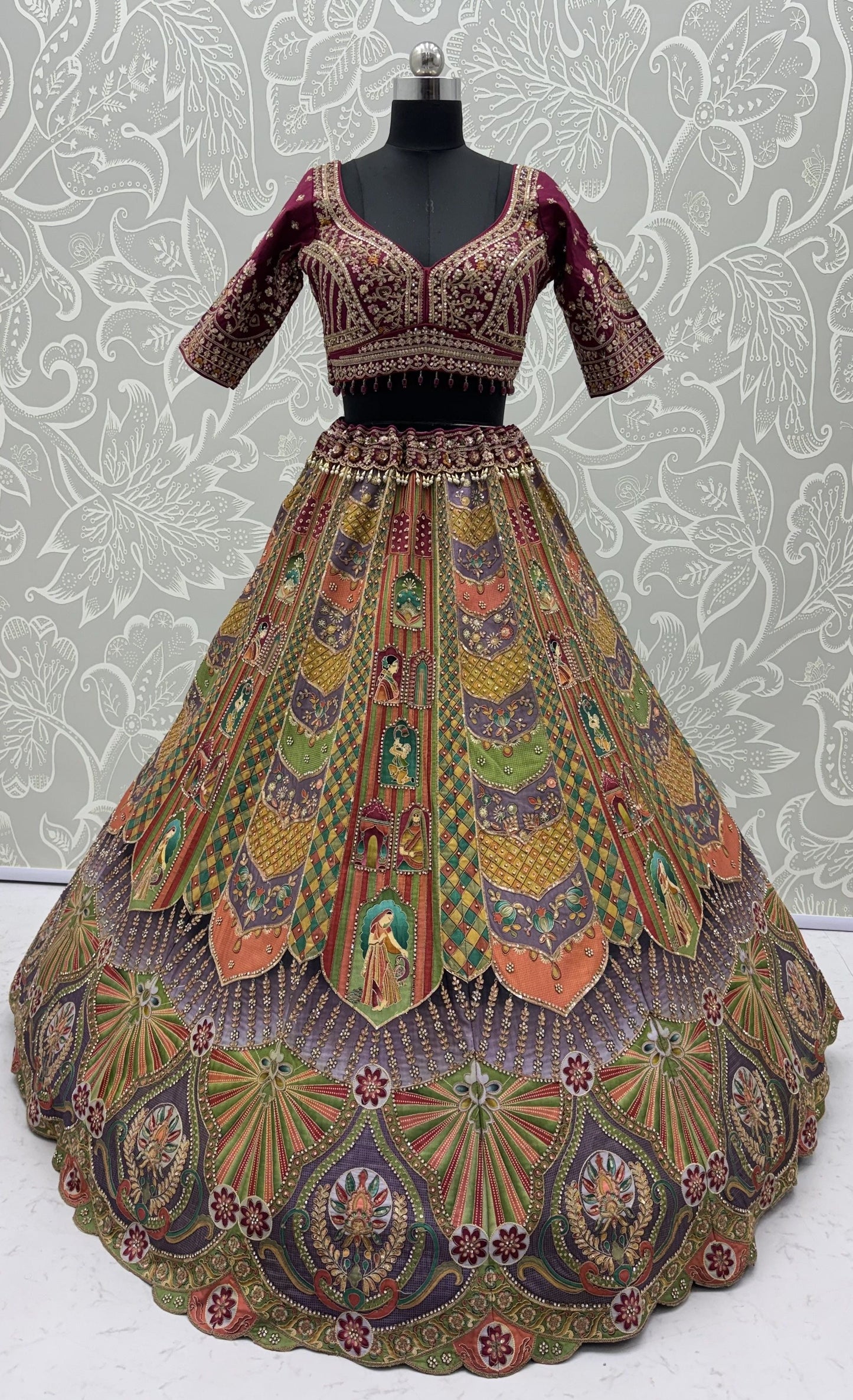 Multi Colour Pure Slub Silk Premium Dori Embroidery Sequins & Diamond Work Bridal Lehenga Choli