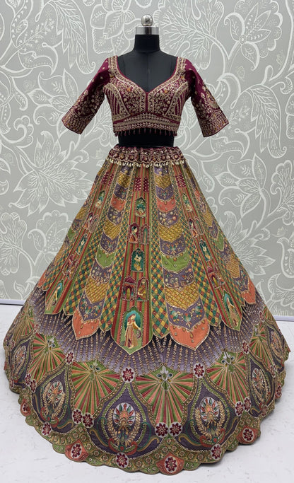 Multi Colour Pure Slub Silk Premium Dori Embroidery Sequins & Diamond Work Bridal Lehenga Choli
