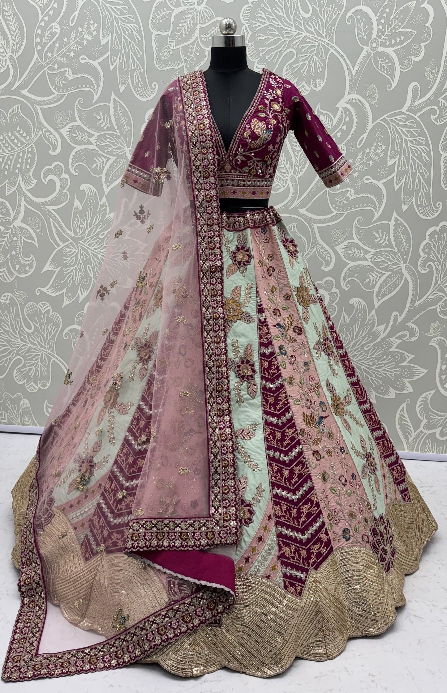 Multi Pure Satin Silk Flower Patch Work Real Hand Mirror & Multi thread Zari Work Bridal Lehenga Choli