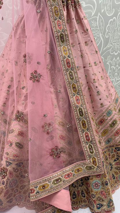 Pink Pure Slubb Silk Premium Dori Embroidery Sequins & Diamond Work Bridal Lehenga Choli