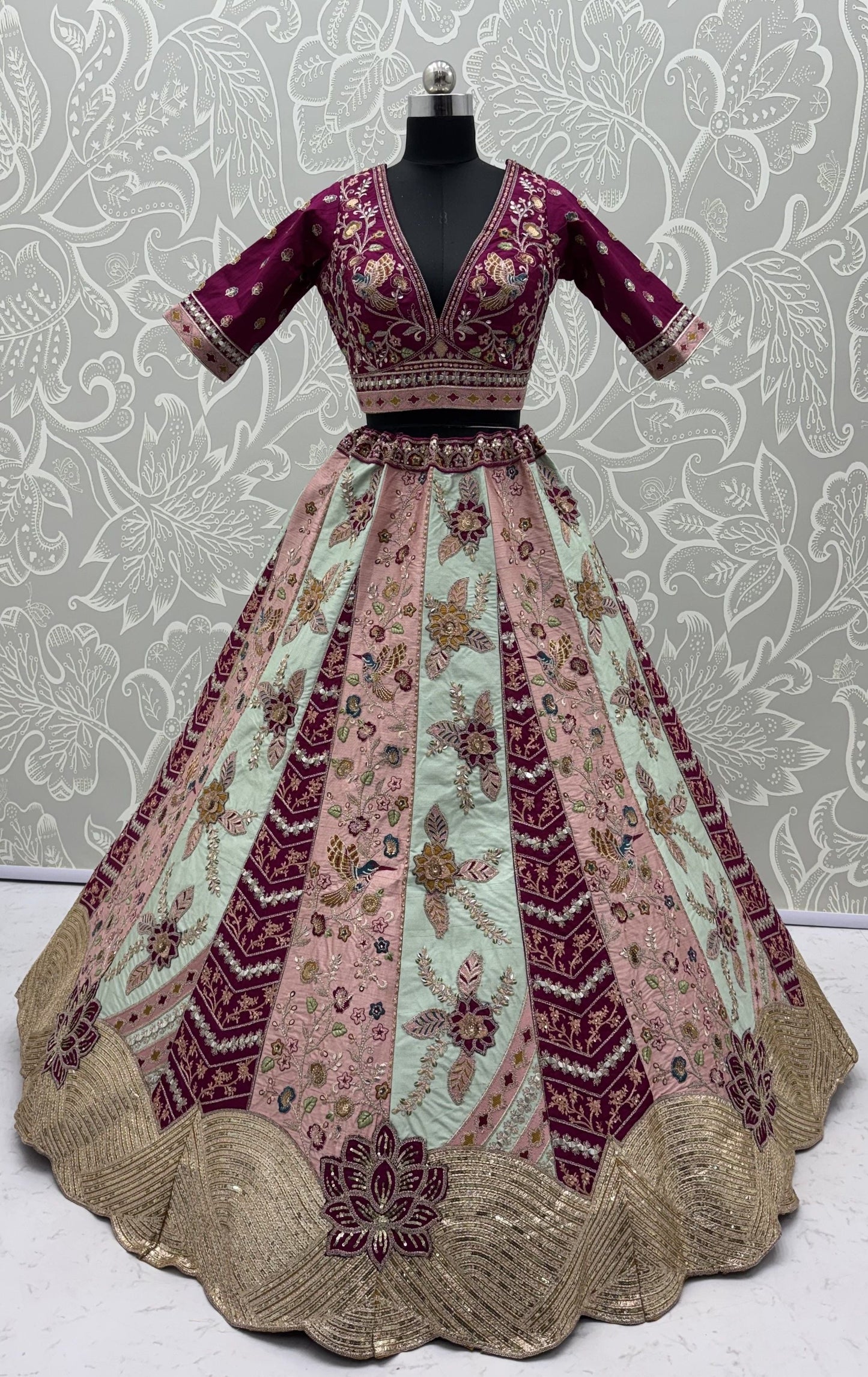 Multi Pure Satin Silk Flower Patch Work Real Hand Mirror & Multi thread Zari Work Bridal Lehenga Choli
