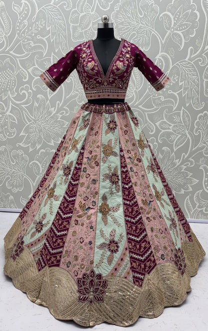 Multi Pure Satin Silk Flower Patch Work Real Hand Mirror & Multi thread Zari Work Bridal Lehenga Choli