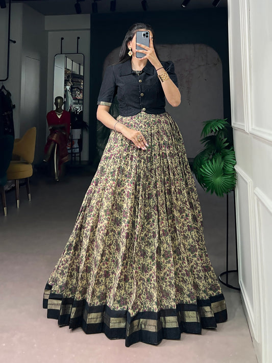 Black Pure Polyester Viscose Chanderi Cotton Printed Anarkali Long Gown