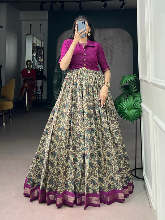 Purple Pure Polyester Viscose Chanderi Cotton Printed Anarkali Long Gown