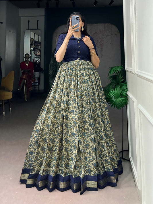 Navy Blue Pure Polyester Viscose Chanderi Cotton Printed Anarkali Long Gown