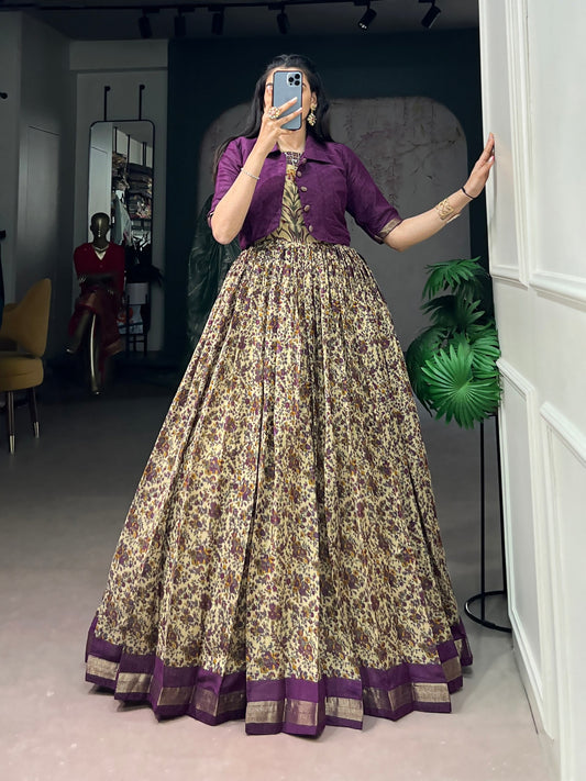 Wine Pure Polyester Viscose Chanderi Cotton Printed Anarkali Long Gown