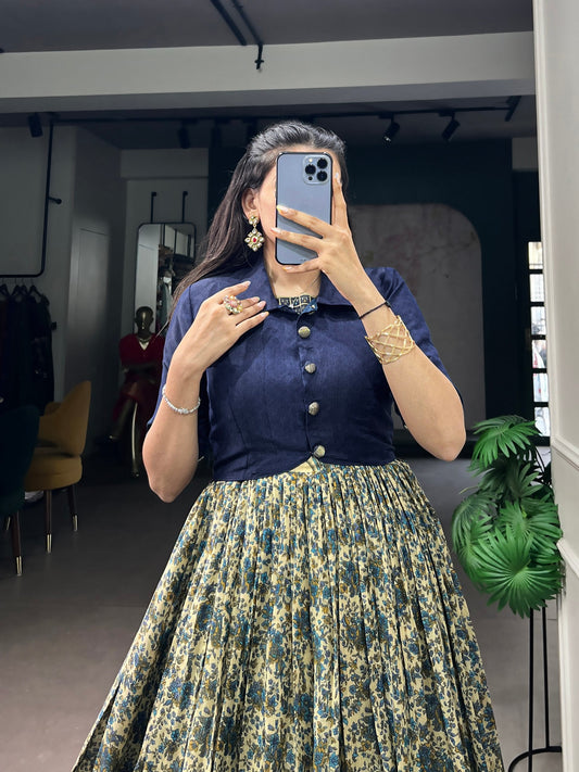 Navy Blue Pure Polyester Viscose Chanderi Cotton Printed Anarkali Long Gown