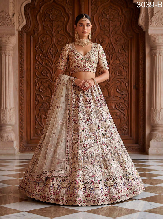 Off White Pure Soft Gadhwal Silk Heavy Embroidery Work Bridal Lehenga Choli