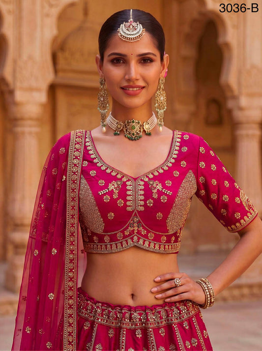 Rani Pink Pure Gadhwal Silk Khatali Handwork Sequins & Crystal Bridal Lehenga Choli