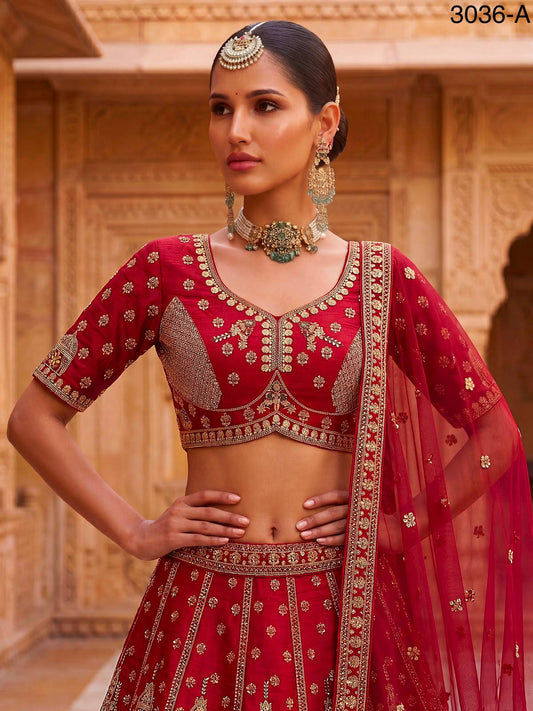 Red Pure Gadhwal Silk Khatali Handwork Sequins & Crystal Bridal Lehenga Choli