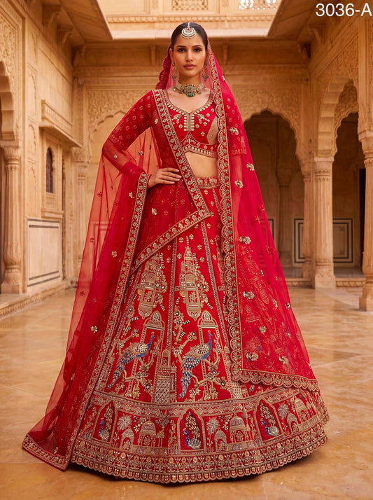 Red Pure Gadhwal Silk Khatali Handwork Sequins & Crystal Bridal Lehenga Choli