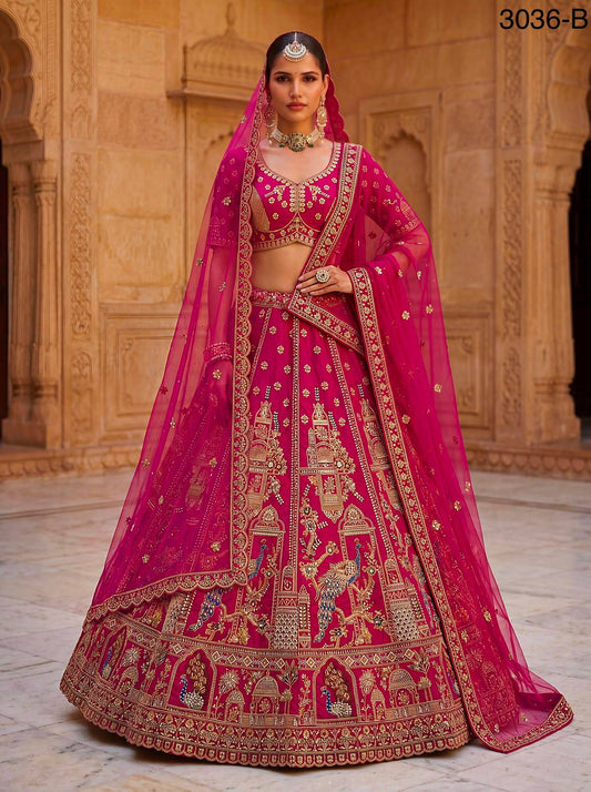 Rani Pink Pure Gadhwal Silk Khatali Handwork Sequins & Crystal Bridal Lehenga Choli