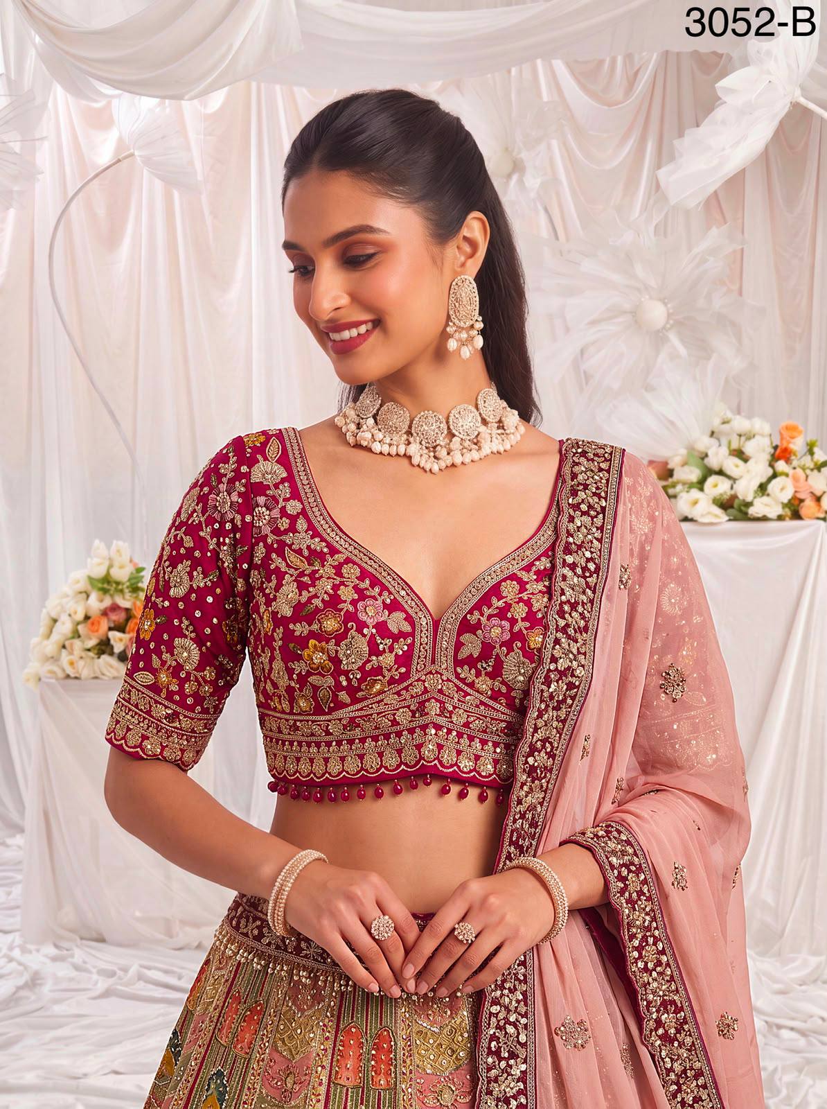 Multi Colour Pure Slub Silk Premium Dori Embroidery Sequins & Diamond Work Bridal Lehenga Choli