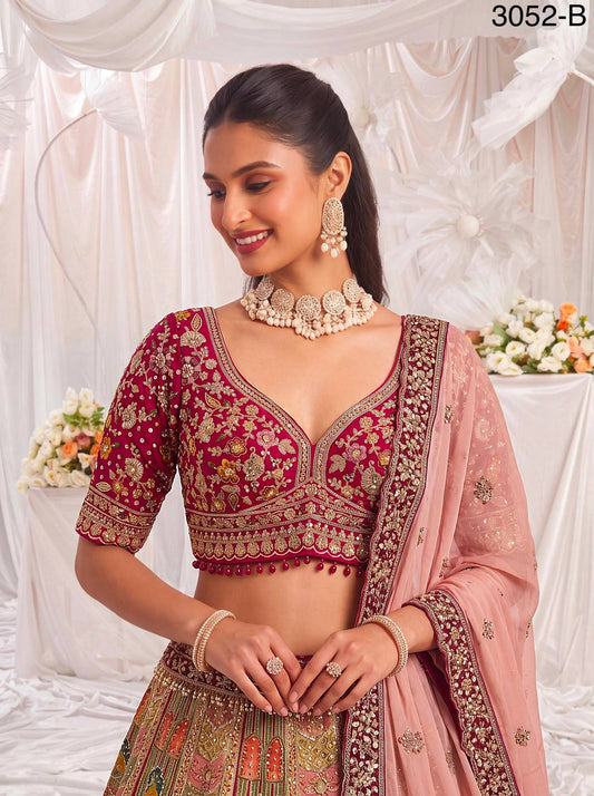 Multi Colour Pure Slub Silk Premium Dori Embroidery Sequins & Diamond Work Bridal Lehenga Choli