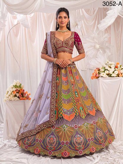 Multi Colour Pure Slub Silk Premium Dori Embroidery Sequins & Diamond Work Bridal Lehenga Choli