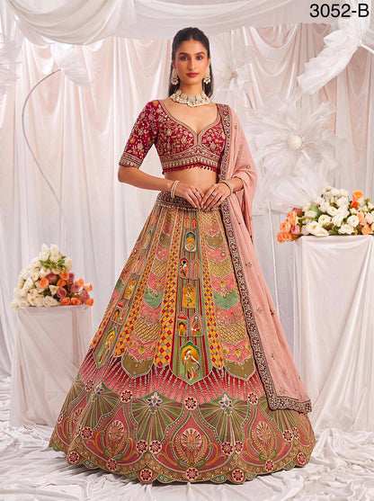 Multi Colour Pure Slub Silk Premium Dori Embroidery Sequins & Diamond Work Bridal Lehenga Choli