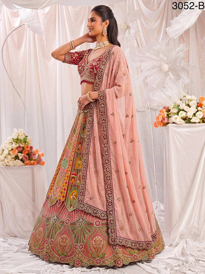 Multi Colour Pure Slub Silk Premium Dori Embroidery Sequins & Diamond Work Bridal Lehenga Choli