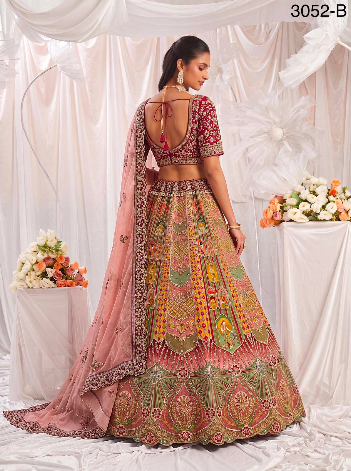 Multi Colour Pure Slub Silk Premium Dori Embroidery Sequins & Diamond Work Bridal Lehenga Choli