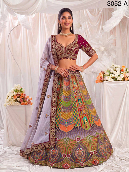 Multi Colour Pure Slub Silk Premium Dori Embroidery Sequins & Diamond Work Bridal Lehenga Choli