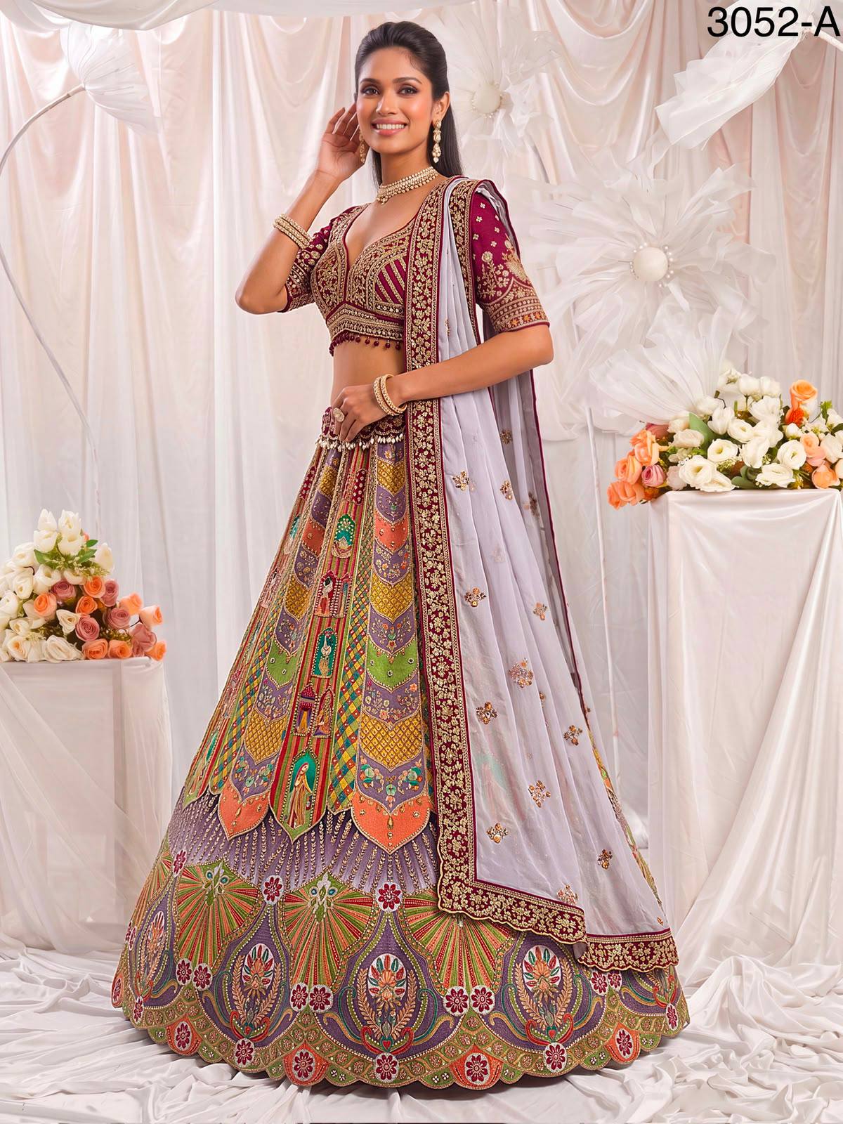 Multi Colour Pure Slub Silk Premium Dori Embroidery Sequins & Diamond Work Bridal Lehenga Choli