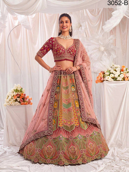 Multi Colour Pure Slub Silk Premium Dori Embroidery Sequins & Diamond Work Bridal Lehenga Choli