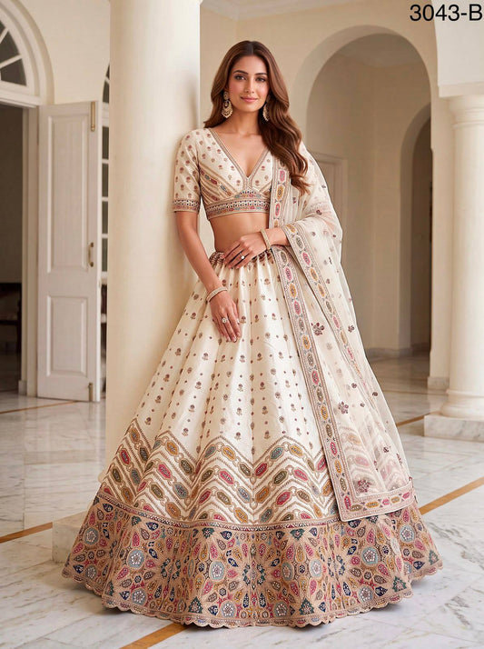 White Pure Slubb Silk Premium Dori Embroidery Sequins & Diamond Work Bridal Lehenga Choli