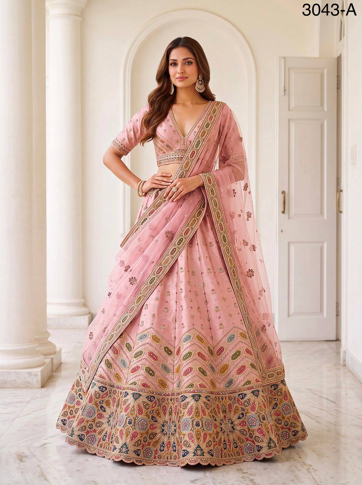 Pink Pure Slubb Silk Premium Dori Embroidery Sequins & Diamond Work Bridal Lehenga Choli