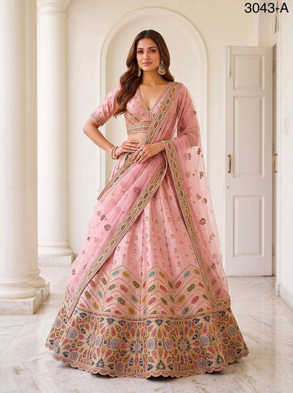 Pink Pure Slubb Silk Premium Dori Embroidery Sequins & Diamond Work Bridal Lehenga Choli