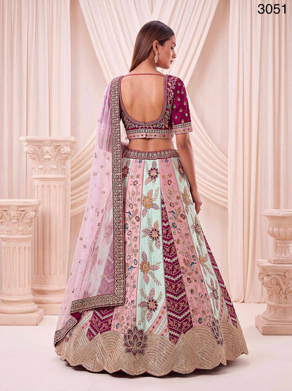 Multi Pure Satin Silk Flower Patch Work Real Hand Mirror & Multi thread Zari Work Bridal Lehenga Choli