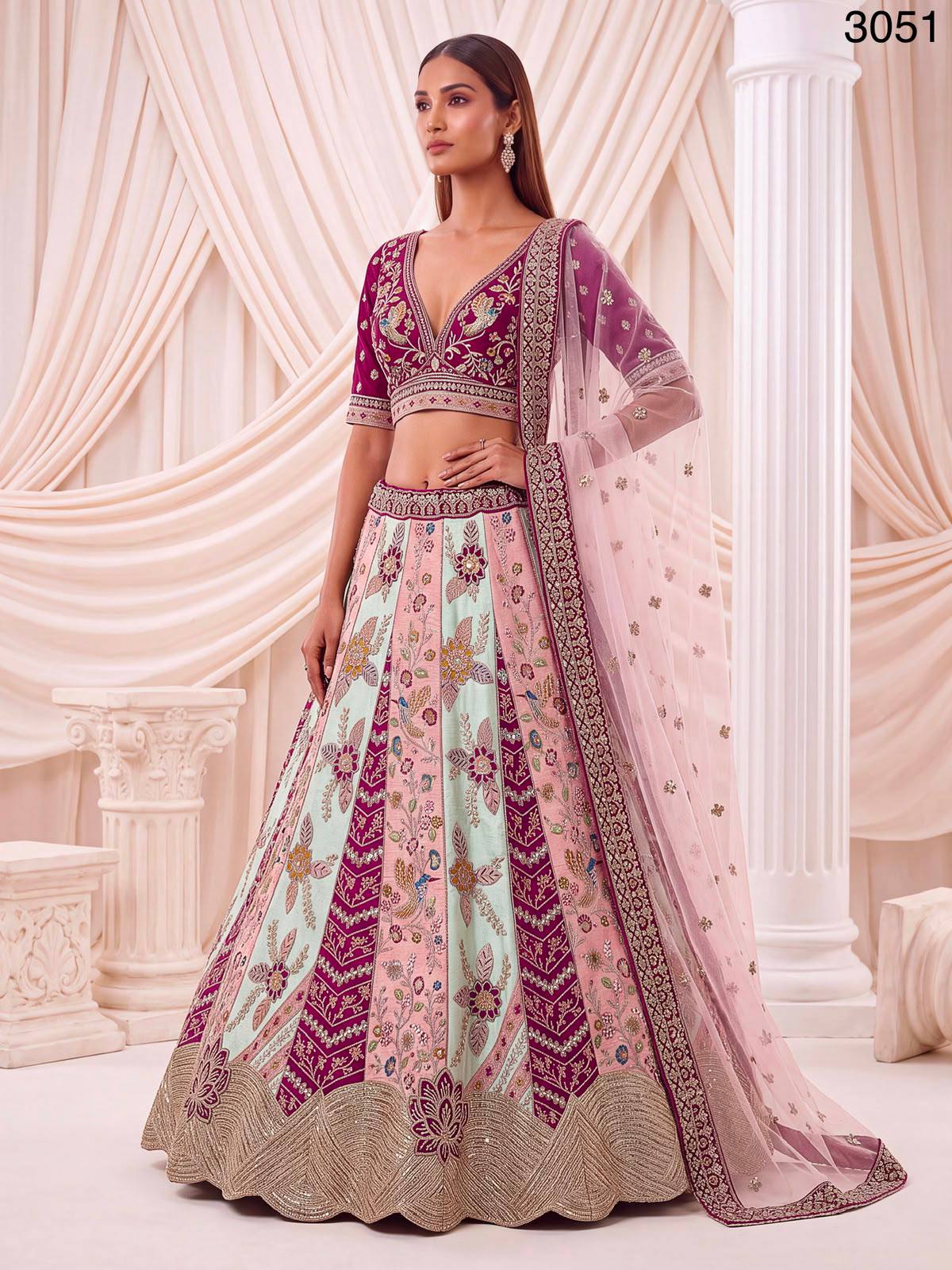 Multi Pure Satin Silk Flower Patch Work Real Hand Mirror & Multi thread Zari Work Bridal Lehenga Choli