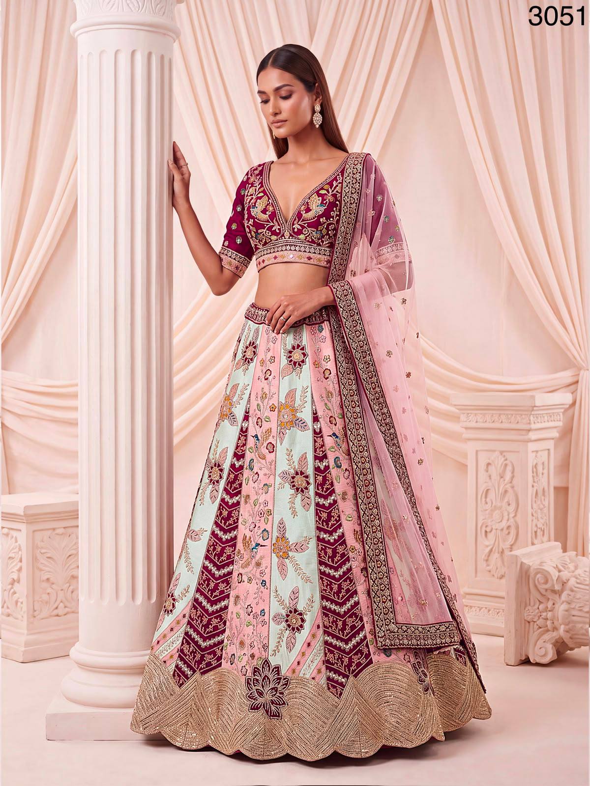 Multi Pure Satin Silk Flower Patch Work Real Hand Mirror & Multi thread Zari Work Bridal Lehenga Choli