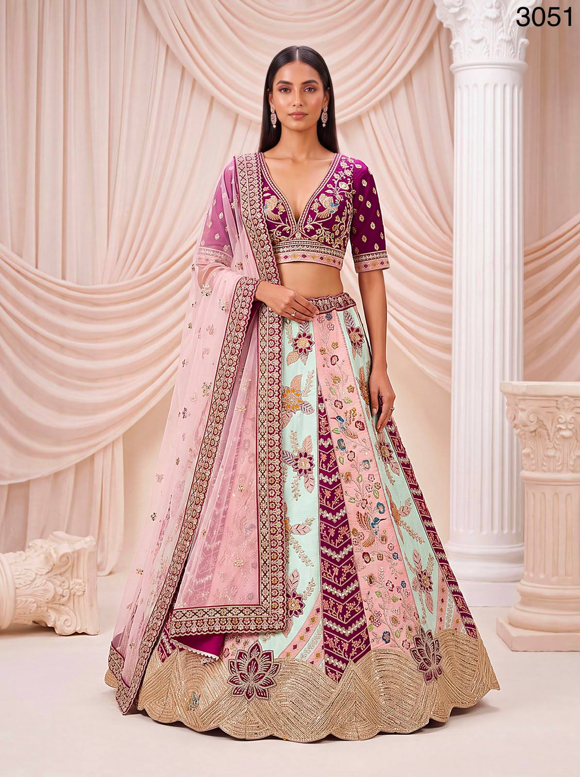 Multi Pure Satin Silk Flower Patch Work Real Hand Mirror & Multi thread Zari Work Bridal Lehenga Choli